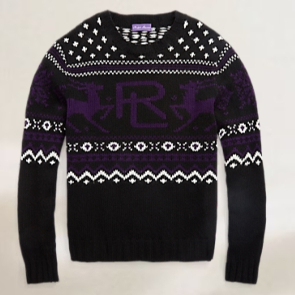 Ralph Lauren Purple Label Black and Purple Patterned Crewneck Sweater
